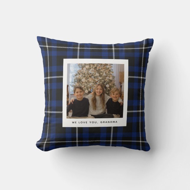 Navy Blue Buffalo Plaid Grandparent Photo  Cushion (Front)
