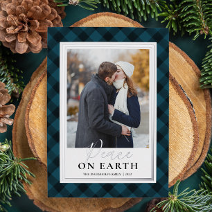 Navy Blue Buffalo Plaid Peace On Earth Photo Foil Holiday Card