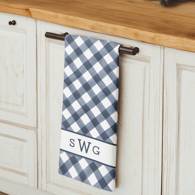 Navy Blue Buffalo Plaid Three Initial Monogram Tea Towel (Creator Uploaded)