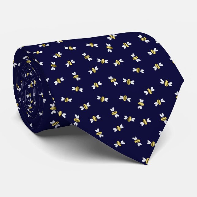 Navy Blue Bumblebee Seamless Pattern Tie (Rolled)