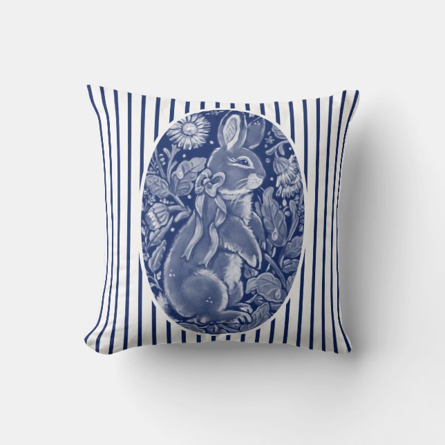 Navy Blue Bunny Rabbit Watercolor Stripe Cute Fun Cushion (Front)