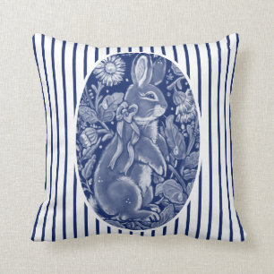 Navy Blue Bunny Rabbit Watercolor Stripe Cute Fun Cushion