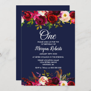 Navy Blue Burgundy 1st Birthday Party Invite