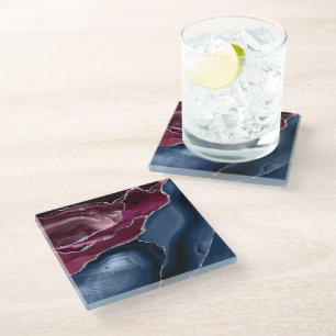 Navy Blue Burgundy Agate Silver Glitter Glass Coaster