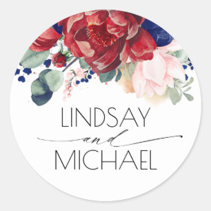 Navy Blue Burgundy and Blush Floral Elegant Classic Round Sticker