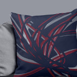 Navy Blue & Burgundy Artistic Abstract Ribbons Cushion<br><div class="desc">Navy and burgundy throw pillow features an artistic abstract ribbon composition with shades of burgundy and wine with white accents on a navy blue background. This abstract composition is built on combinations of repeated ribbons, which are overlapped and interlaced to form an intricate and complex abstract pattern. The navy blue,...</div>