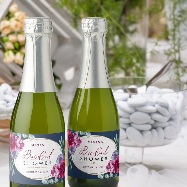 Navy Blue Burgundy Bloom Bridal Shower Mini Bottle Sparkling Wine Label (Creator Uploaded)