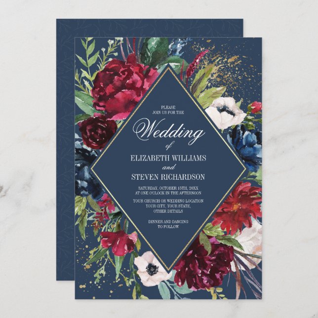 Navy Blue | Burgundy Bloom Geometric Wedding Invitation (Front/Back)