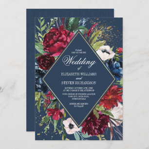 Navy Blue   Burgundy Bloom Geometric Wedding Invitation