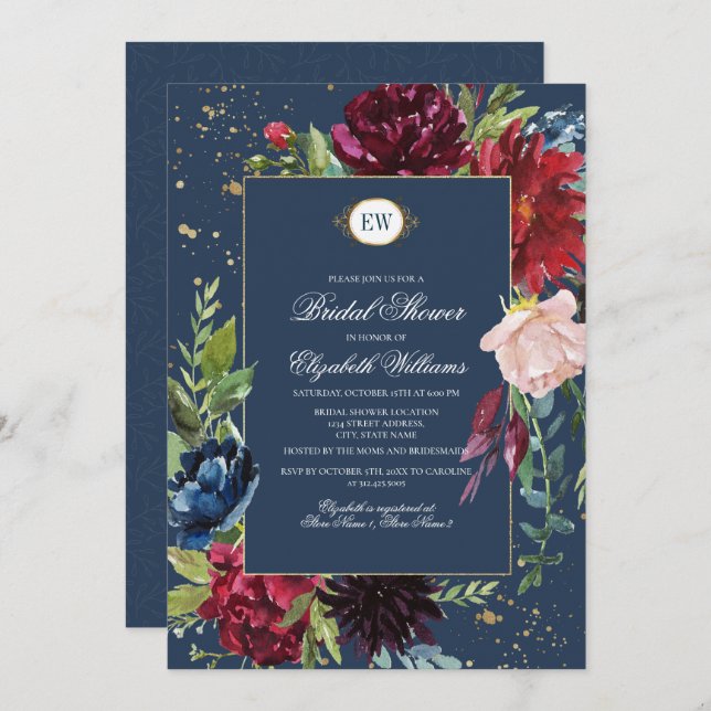 Navy Blue, Burgundy Bloom Watercolor Bridal Shower Invitation (Front/Back)