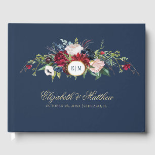 Navy Blue   Burgundy Bloom Watercolor Wedding Guest Book