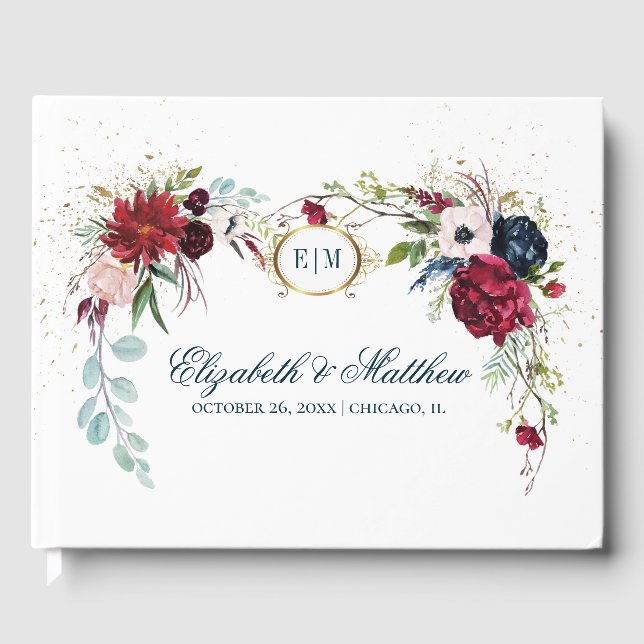 Navy Blue | Burgundy Bloom Watercolor Wedding Guest Book (Front)