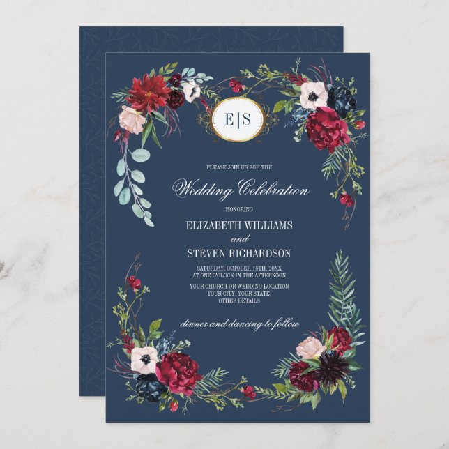 Navy Blue | Burgundy Bloom Watercolor Wedding Invitation (Front/Back)