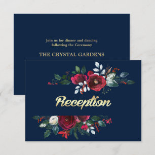 Navy Blue   Burgundy Bloom Wedding Reception Cards