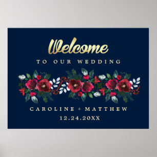 Navy Blue Burgundy Bloom Wedding Welcome Sign