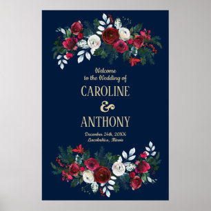 Navy Blue Burgundy Bloom Wedding Welcome Sign