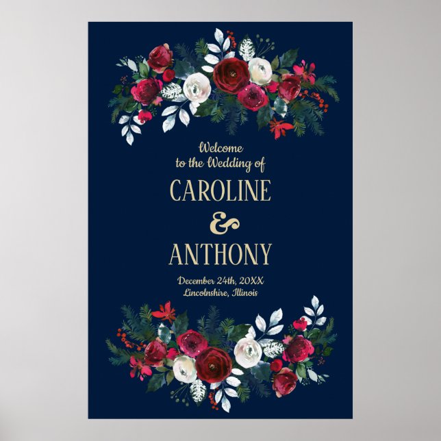 Navy Blue | Burgundy Bloom Wedding Welcome Sign (Front)