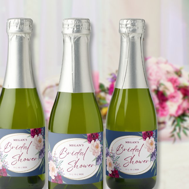 Navy Blue Burgundy Blush & Bloom Bridal Shower  Sparkling Wine Label (Creator Uploaded)