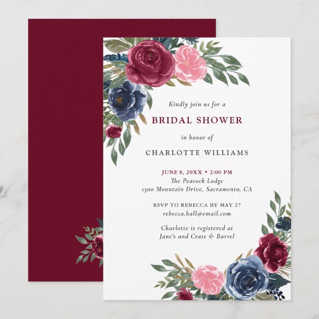 Navy Blue Burgundy Blush Floral Bridal Shower Invitation (Front/Back)
