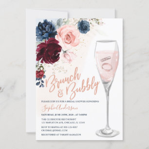 Navy Blue Burgundy Blush Floral Brunch and Bubbly  Invitation