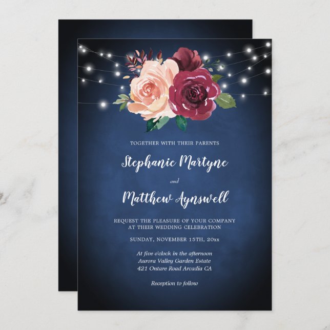 Navy Blue Burgundy Blush Floral Lights Wedding Invitation (Front/Back)