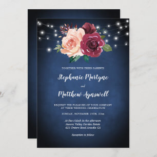 Navy Blue Burgundy Blush Floral Lights Wedding Invitation