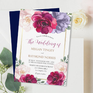 Navy Blue Burgundy Blush Floral Luxurious Wedding Invitation