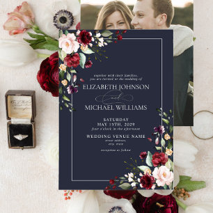 Navy Blue Burgundy Blush Floral Photo Wedding Invitation