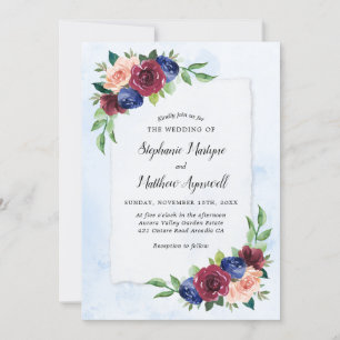 Navy Blue Burgundy Blush Floral Watercolor Wedding Invitation