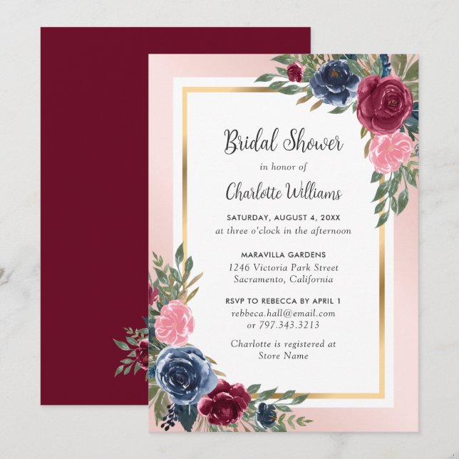Navy Blue Burgundy Blush Gold Floral Bridal Shower Invitation (Front/Back)
