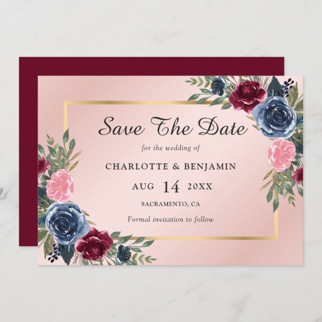 Navy Blue Burgundy Blush Gold Floral Wedding Save The Date (Front/Back)