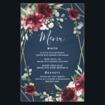 Navy Blue Burgundy Blush Gold Wedding Menu Cards<br><div class="desc">Design features a dark navy watercolor wash printed background with a printed gold coloured geometric or terrarium frame covered in elegant eucalyptus and greenery leaves/branches. Beautiful peony and rose floral elements in shades of burgundy,  red,  Marsala and more with hints of blush pink flowers appear over the greenery.</div>