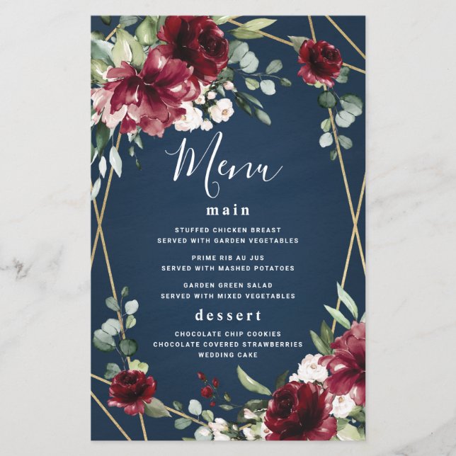 Navy Blue Burgundy Blush Gold Wedding Menu Cards (Front)