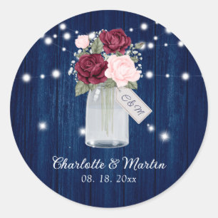 Navy Blue Burgundy Blush Mason Jar Floral Wedding Classic Round Sticker