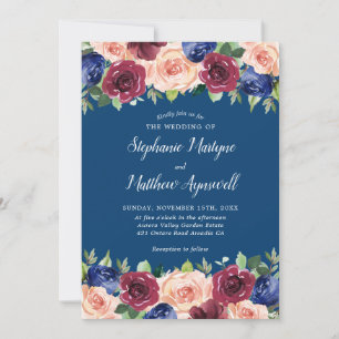 Navy Blue Burgundy Blush Modern Floral Wedding Invitation