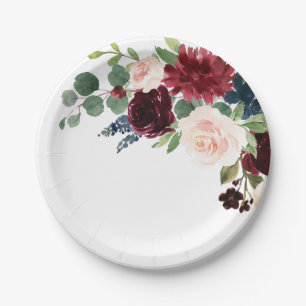 Navy Blue Burgundy Blush Pink Botanical Wedding Paper Plate
