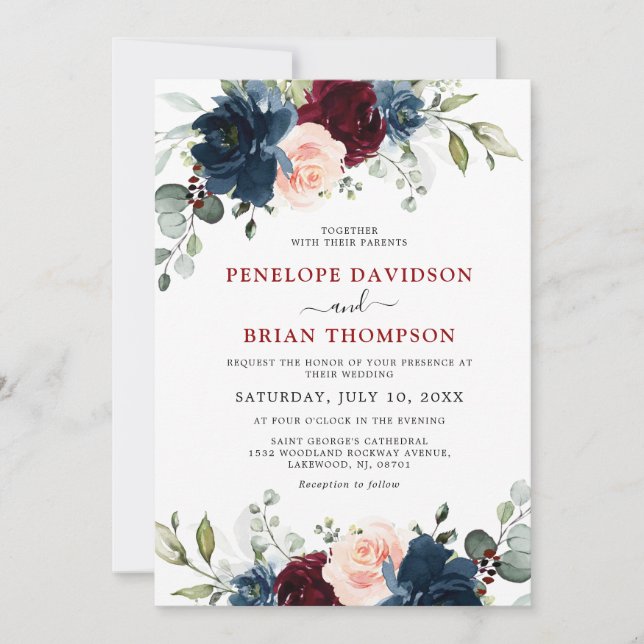Navy Blue Burgundy Blush Pink Floral Wedding Invitation (Front)
