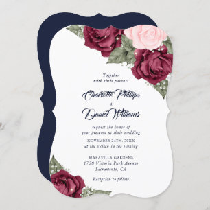 Navy Blue Burgundy Blush Pink Floral Wedding Invitation