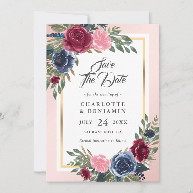 Navy Blue Burgundy Blush Pink Floral Wedding Save The Date (Front)