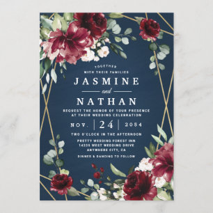 Navy Blue Burgundy Blush Pink Gold Floral Wedding Invitation