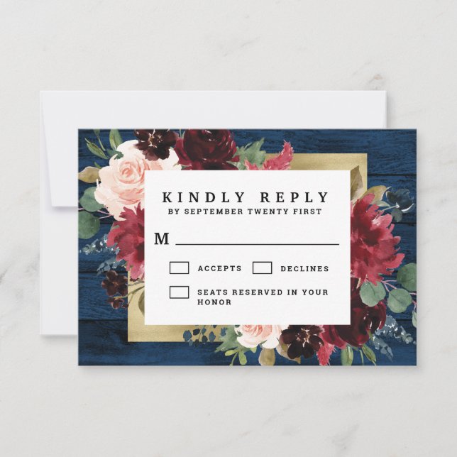 Navy Blue Burgundy Blush Pink Gold Rustic Wedding RSVP Card (Front)