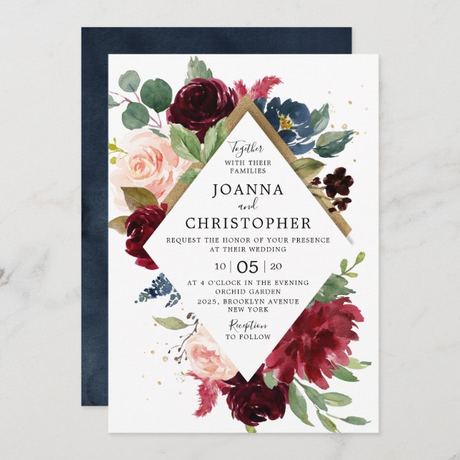 Navy Blue Burgundy Blush Pink Rose Boho Wedding Invitation (Front/Back)