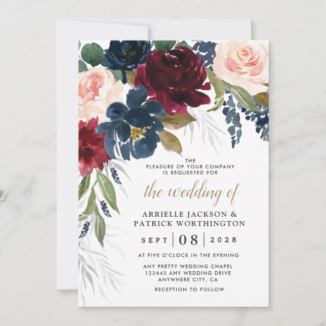 Navy Blue Burgundy Blush Pink Silver Gold Wedding Invitation (Front)