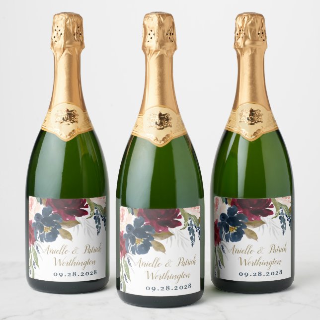 Navy Blue Burgundy Blush Pink Silver Gold Wedding Sparkling Wine Label (Bottles)