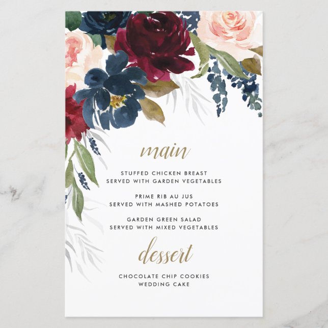 Navy Blue Burgundy Blush Pink Wedding Menu Cards (Front)