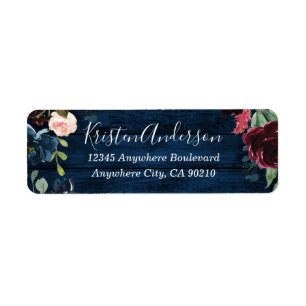Navy Blue Burgundy Blush Watercolor Wreath Wedding Return Address Label