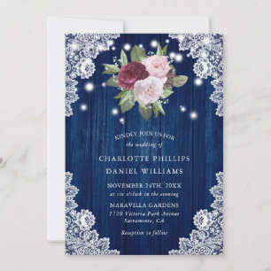 Navy Blue Burgundy Blush White Lace Floral Wedding Invitation