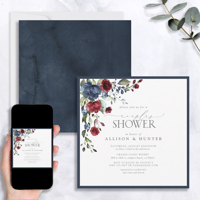 Navy Blue Burgundy Botanical Couples Shower Invitation (Creator Uploaded)