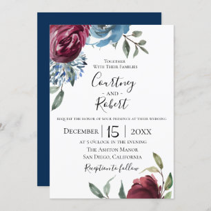 Navy Blue Burgundy Botanical Wedding Invitation