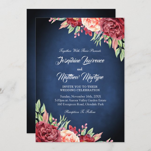 Navy Blue Burgundy Coral Floral Elegant Wedding Invitation (Front/Back)